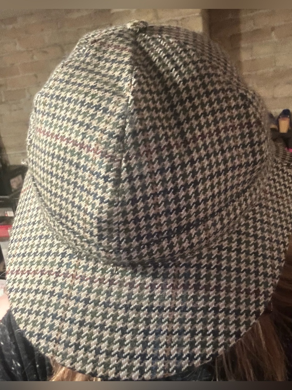 Barbour Tweed Houndstooth Cap in Brown and Green with Navy Accents